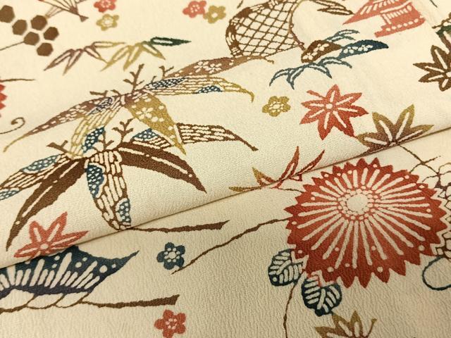 平和屋着物▽上質な小紋 単衣 型染め 扇面花文 正絹 逸品 AABF5621fy