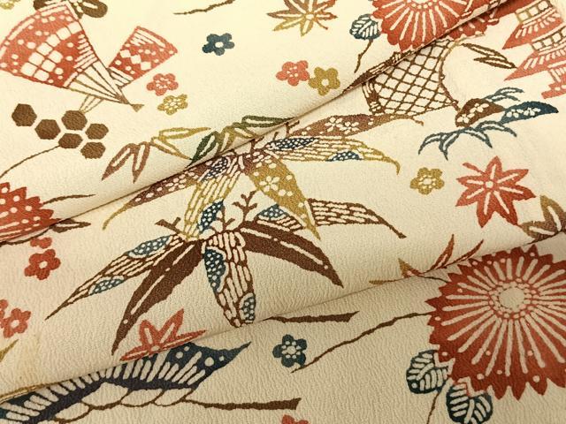 平和屋着物▽上質な小紋 単衣 型染め 扇面花文 正絹 逸品 AABF5621fy