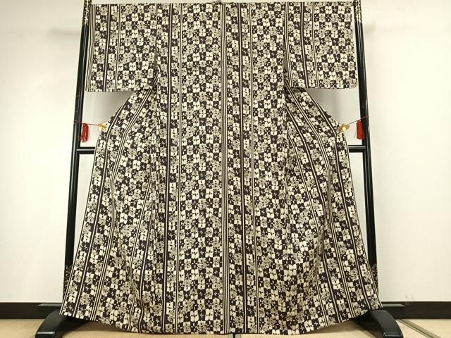 平和屋着物▽上質な小紋 単衣 市松花文 正絹 逸品 AABF5624fy