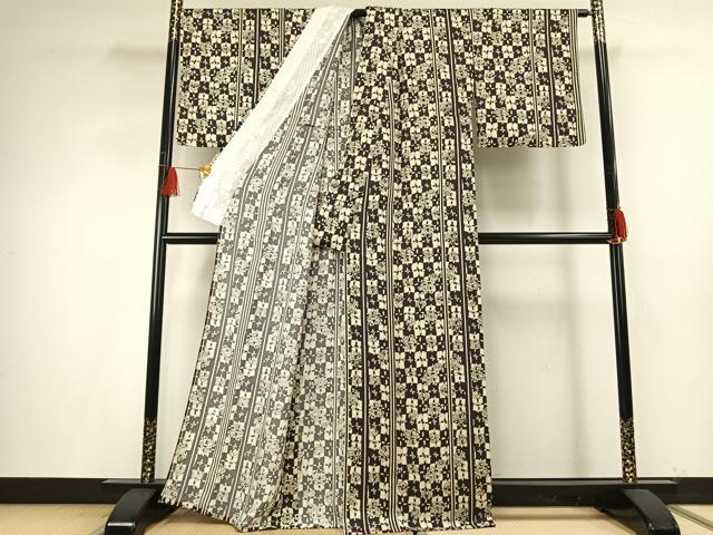 平和屋着物▽上質な小紋 単衣 市松花文 正絹 逸品 AABF5624fy