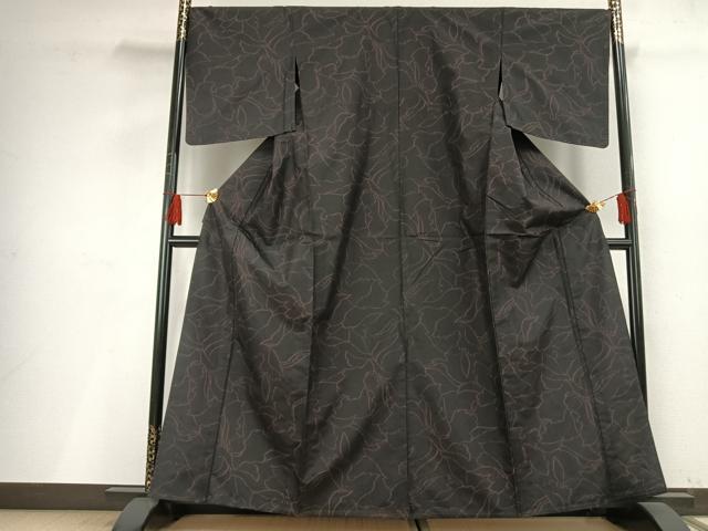 平和屋着物▽上質な紬 単衣 舞花文 黒地 正絹 逸品 AABF5636fy