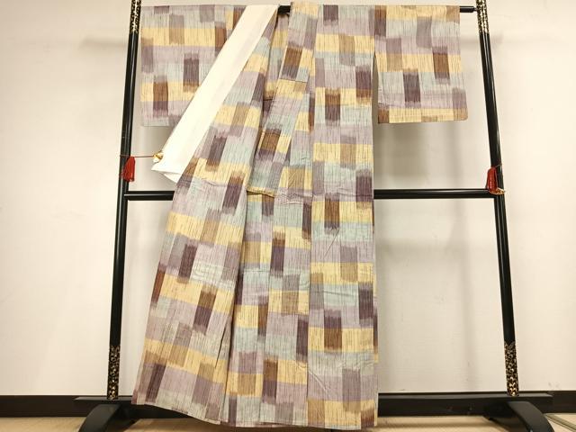 平和屋着物▽上質な紬 単衣 幾何学文様 正絹 逸品 AABF5643fy