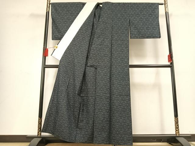 平和屋着物▽結城紬 単衣 80亀甲 幾何学文様 正絹 逸品 AABF5644fy