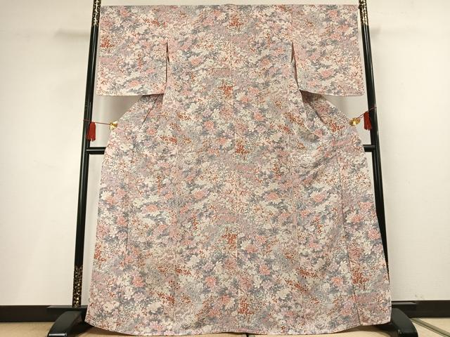 平和屋着物▽上質な小紋 単衣 手描き 草花文 暈し染め 鬼しぼ縮緬 正絹 逸品 未使用 AABF5645fy