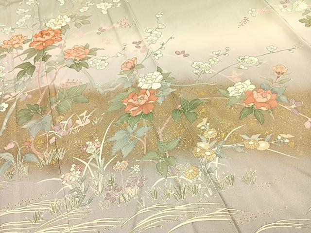 平和屋着物▽訪問着 単衣 作家物 駒刺繍 枝花文 暈し染め 金彩 正絹 逸品 AABF5648fy