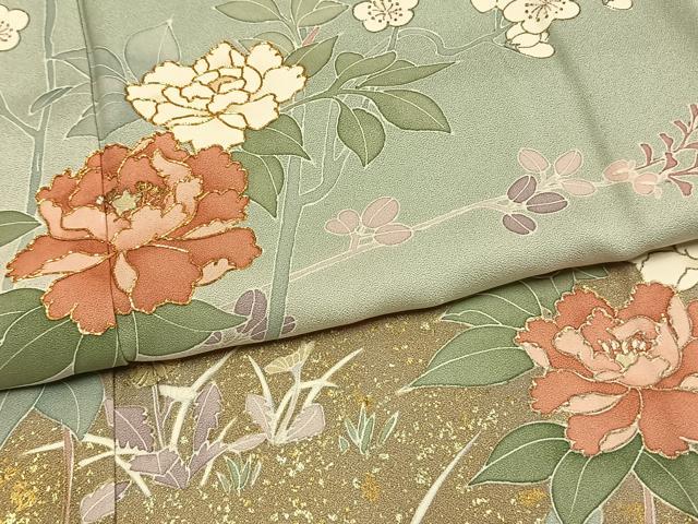 平和屋着物▽訪問着 単衣 作家物 駒刺繍 枝花文 暈し染め 金彩 正絹 逸品 AABF5648fy