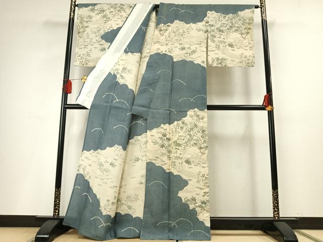 平和屋着物▽染織の名門 しょうざん 生紬 訪問着 単衣 雲取り花文 金彩 正絹 逸品 AABF5655fy
