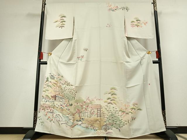 平和屋着物▽訪問着 単衣 作家物 風景花文 暈し染め 金銀彩 正絹 逸品 AABF5660fy