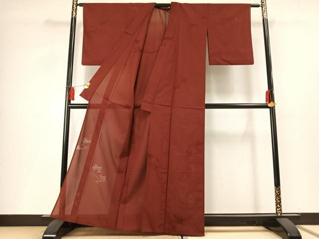 平和屋着物*夏物 色無地 紗 舞葉地紋 紅海老茶色 正絹 逸品 AABF5677fy