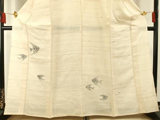 平和屋着物*夏物 訪問着 生紬 手描き 魚 エンゼルフィッシュ 正絹 逸品 AABF5680fy