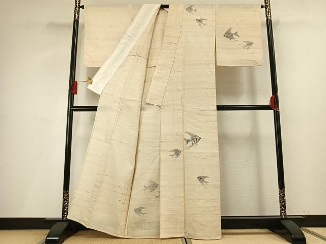 平和屋着物*夏物 訪問着 生紬 手描き 魚 エンゼルフィッシュ 正絹 逸品 AABF5680fy