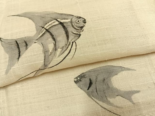 平和屋着物*夏物 訪問着 生紬 手描き 魚 エンゼルフィッシュ 正絹 逸品 AABF5680fy