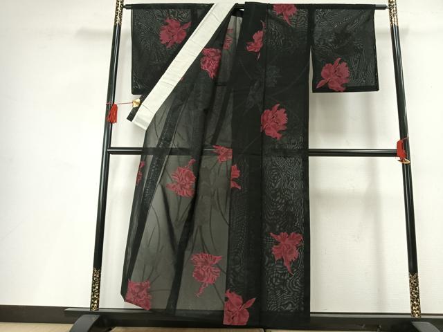 平和屋着物*夏物 小紋 紗 草花文 黒地 銀通し地 正絹 逸品 AABF5701fy