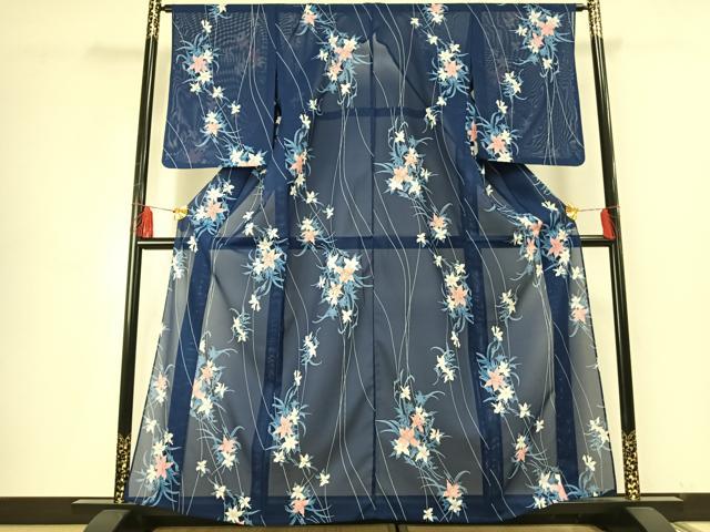 平和屋着物*夏物 小紋 絽 草花文 洗える着物 AABL7582ck