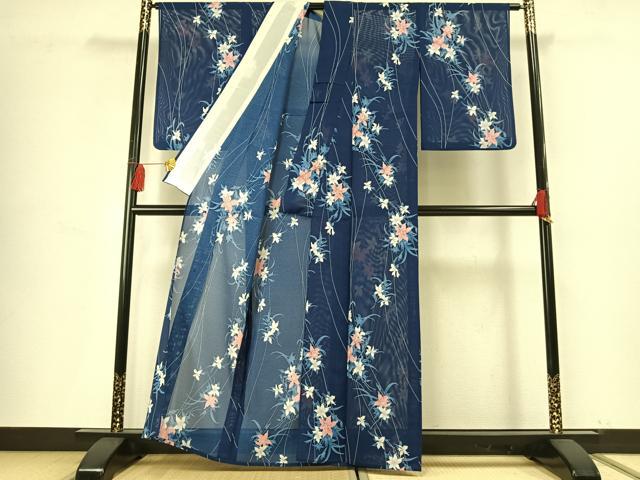 平和屋着物*夏物 小紋 絽 草花文 洗える着物 AABL7582ck