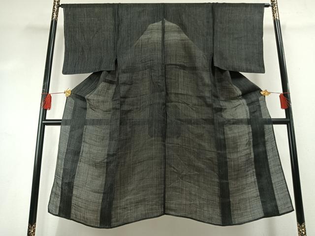平和屋着物*夏物 男性 石川県指定無形文化財 能登上布 本麻手織上布 縞 黒地 麻 逸品 AABF5839fy