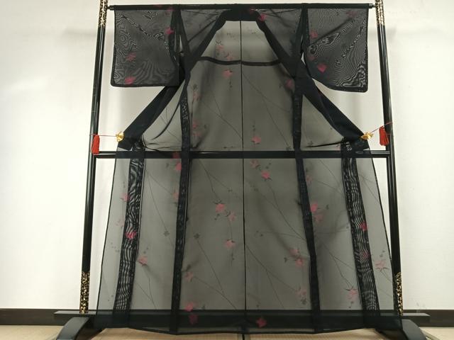 平和屋着物*夏物 小紋 紗 枝花文 黒地 正絹 逸品 未使用 AABF5878fy