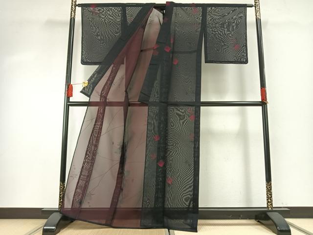 平和屋着物*夏物 小紋 紗 枝花文 黒地 正絹 逸品 未使用 AABF5878fy