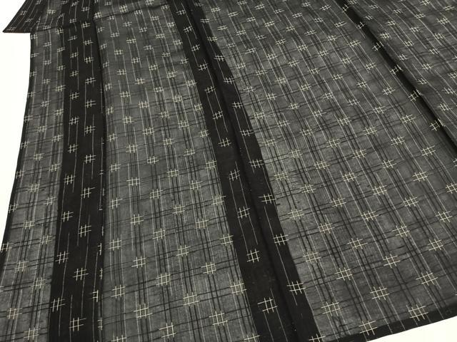 平和屋着物*夏物 紗紬 井桁文様 黒地 正絹 逸品 AABF5904fy