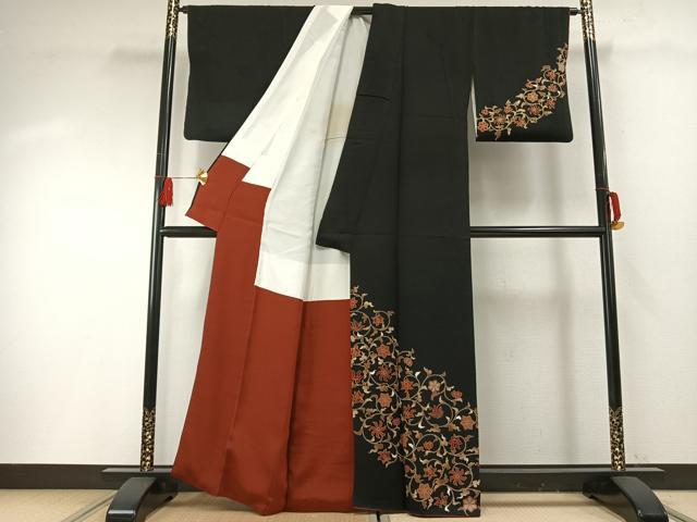 平和屋着物●訪問着 花唐草文 黒地 金彩 正絹 逸品 AABF5963fy