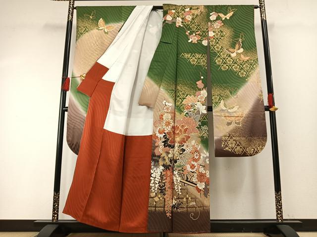 平和屋着物●豪華振袖 駒刺繍 花蝶文 暈し染め 金彩 正絹 逸品 AABF5971fy