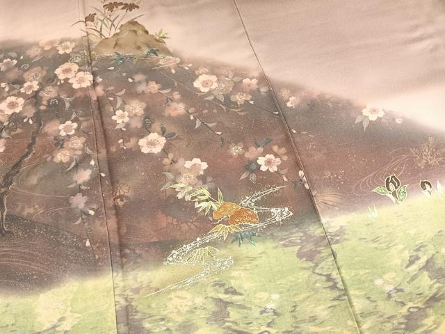 平和屋着物●訪問着 作家物 手描き 珠虹箔 螺鈿 繪夢工房 風景花文 暈し染め 金銀彩 反端付き 正絹 逸品 AABF5979fy
