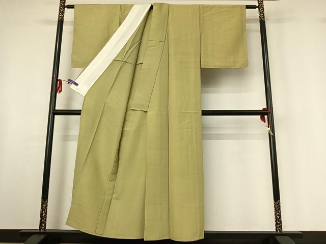 平和屋着物▽上質な紬 単衣 色無地 若葉色 正絹 逸品 AABF6027jh