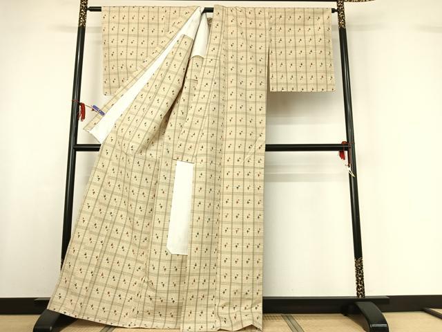 平和屋着物▽上質な紬 単衣 格子 正絹 逸品 AABF6035jh