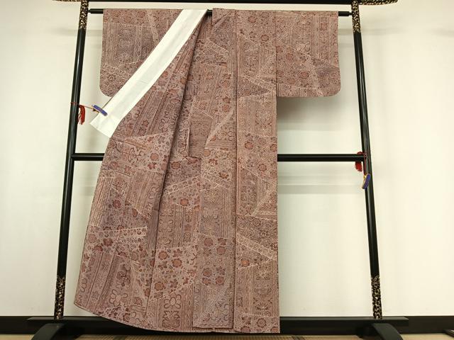 平和屋着物▽上質な小紋 単衣 切嵌更紗花文 正絹 逸品 AABF6036jh