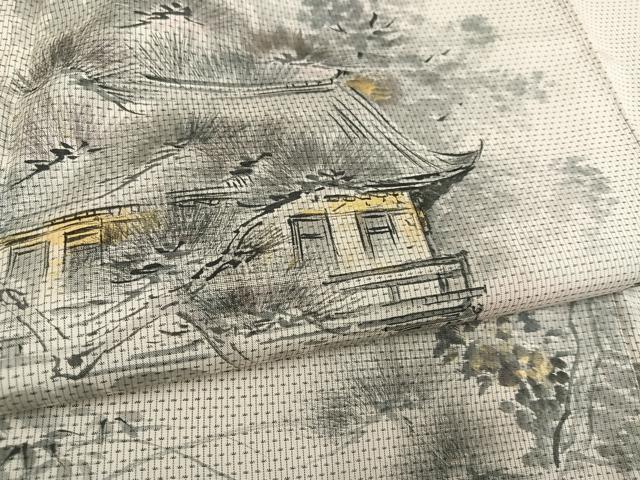 平和屋着物●本場大島紬 染め大島 訪問着 作家物 手描き 風景樹林文 金彩 正絹 逸品 AABF6041ph