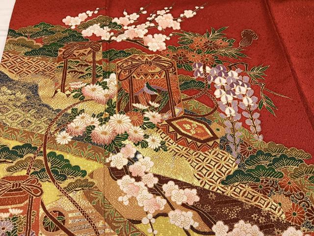 平和屋着物●豪華振袖・長襦袢(無双仕立て)セット 駒刺繍 貝桶群鶴草花文 金彩 正絹 逸品 AABF6059ph