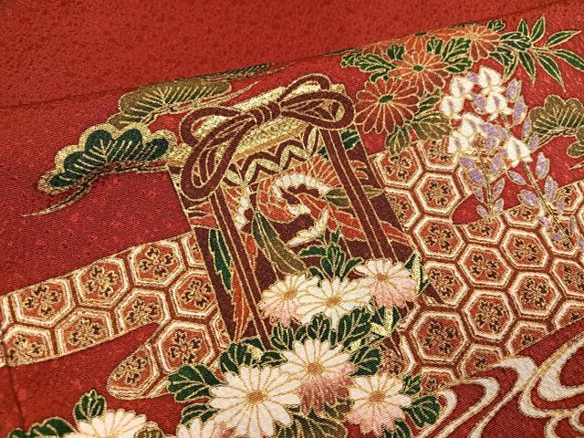 平和屋着物●豪華振袖・長襦袢(無双仕立て)セット 駒刺繍 貝桶群鶴草花文 金彩 正絹 逸品 AABF6059ph