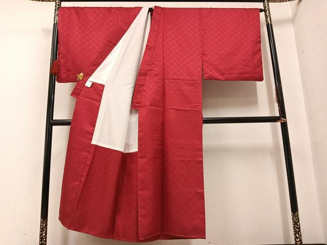 平和屋着物●男性 色紋付 羽織セット 花菱地紋 葡萄茶色 洗える着物 AABF6071ph