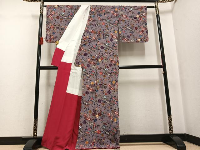 平和屋着物●古琉球紅型 小紋 草花文 古代縮緬 反端付き 正絹 逸品 未使用 AABF6080ph