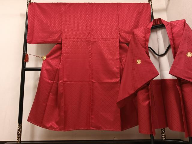 平和屋着物●男性 色紋付 羽織セット 花菱地紋 蘇芳色 洗える着物 AABF6091ph