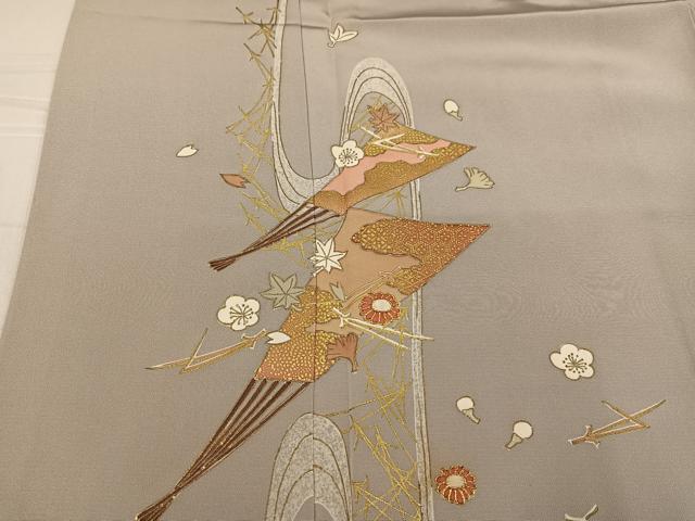 平和屋着物●訪問着 友禅 刺繍 舞扇草花文 金彩 正絹 逸品 AABF6096ph