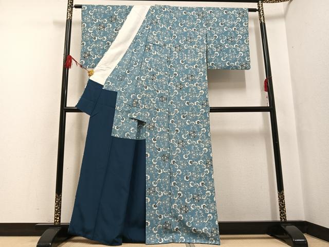 平和屋着物●上質な小紋 天然藍墨草木染め 瓢箪 草木 胴抜き仕立て 反端付き 正絹 逸品 AABF6109ph