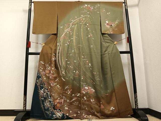 平和屋着物●訪問着 駒刺繍 地紙群れ鶴花蝶文 暈し染め 金彩 正絹 逸品 AABF6110ph