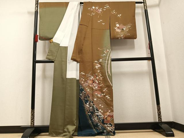 平和屋着物●訪問着 駒刺繍 地紙群れ鶴花蝶文 暈し染め 金彩 正絹 逸品 AABF6110ph