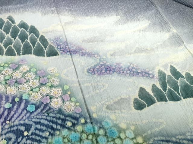 平和屋着物●訪問着 絞り 流水花文 暈し染め 銀通し地 正絹 逸品 未使用 AABF6153ck