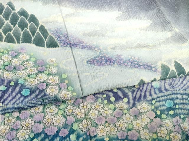 平和屋着物●訪問着 絞り 流水花文 暈し染め 銀通し地 正絹 逸品 未使用 AABF6153ck