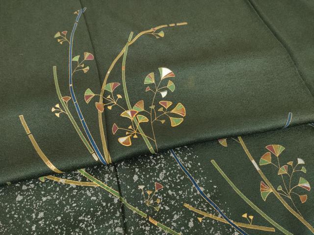 平和屋着物●訪問着 駒刺繍 枝葉文 黒緑色地 金彩 正絹 逸品 AABF6193ck