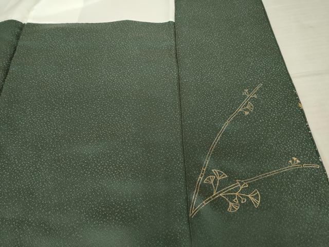 平和屋着物●訪問着 駒刺繍 枝葉文 黒緑色地 金彩 正絹 逸品 AABF6193ck