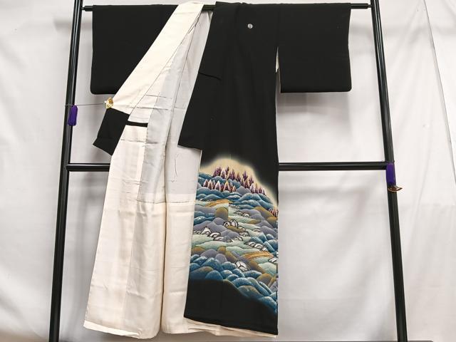 平和屋着物■豪華黒留袖 駒刺繍 渡橋文 暈し染め 金彩 正絹 逸品 AABF6248oa