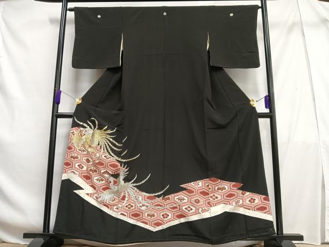 平和屋着物■豪華黒留袖 刺繍 鳳凰花亀甲文 金銀糸 金彩 正絹 逸品 AABF6383oa
