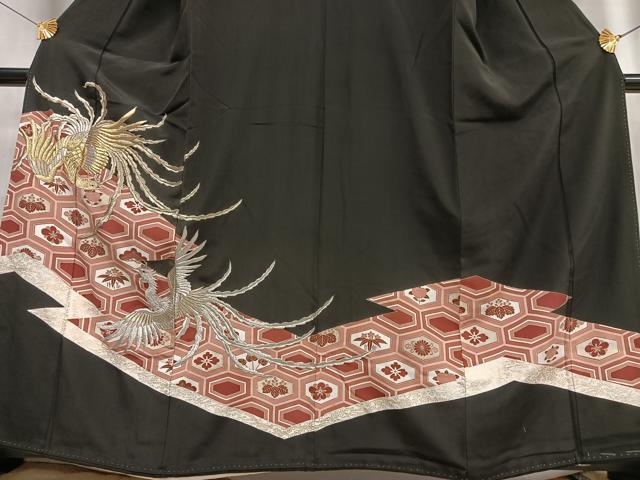 平和屋着物■豪華黒留袖 刺繍 鳳凰花亀甲文 金銀糸 金彩 正絹 逸品 AABF6383oa