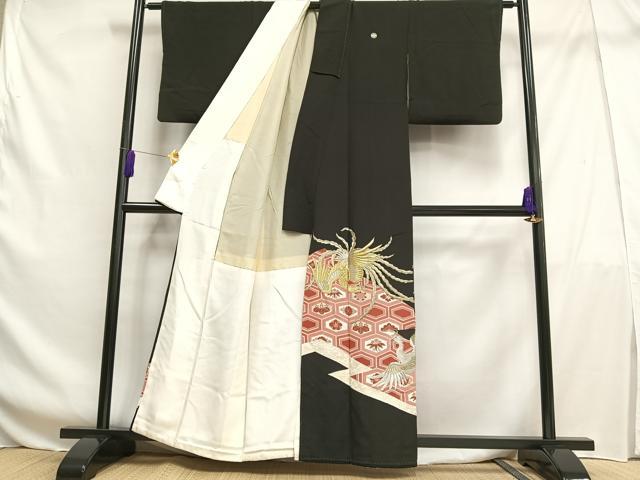 平和屋着物■豪華黒留袖 刺繍 鳳凰花亀甲文 金銀糸 金彩 正絹 逸品 AABF6383oa