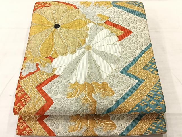 平和屋着物◎九寸開き名古屋帯 草花文 金銀糸 正絹 逸品 AABF6482uk
