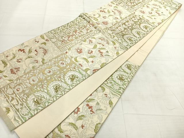 平和屋着物◎六通柄袋帯 更紗花文 銀糸 正絹 逸品 AABF6501uk