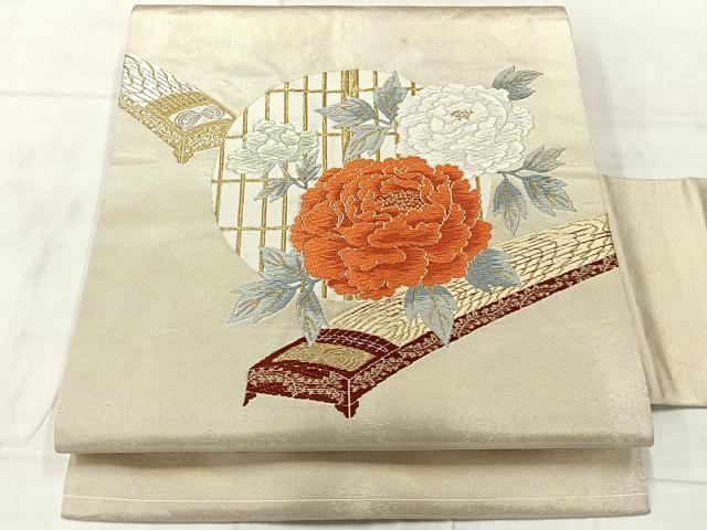 平和屋着物◎九寸名古屋帯 唐織 楽器花文 金糸 正絹 逸品 AABF6536uk